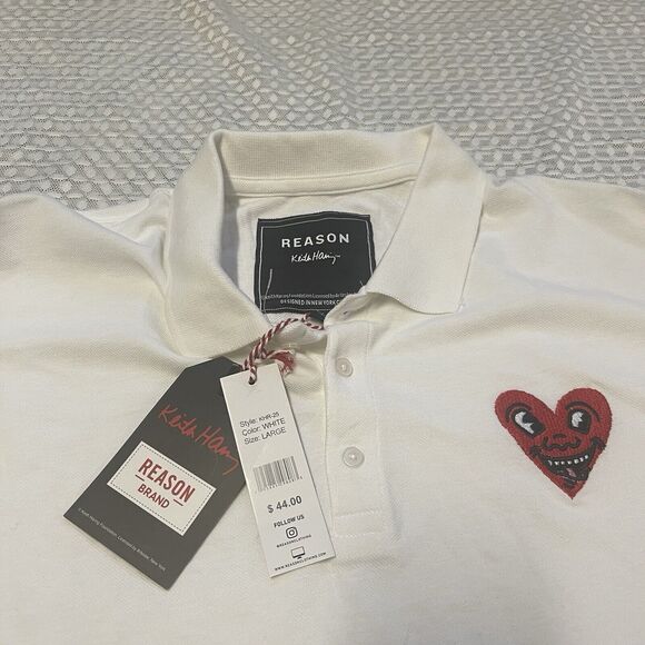 Reason Clothing Keith Haring Embroidered Heart Polo Shirt White Men Lrg New Tag - Picture 7 of 11